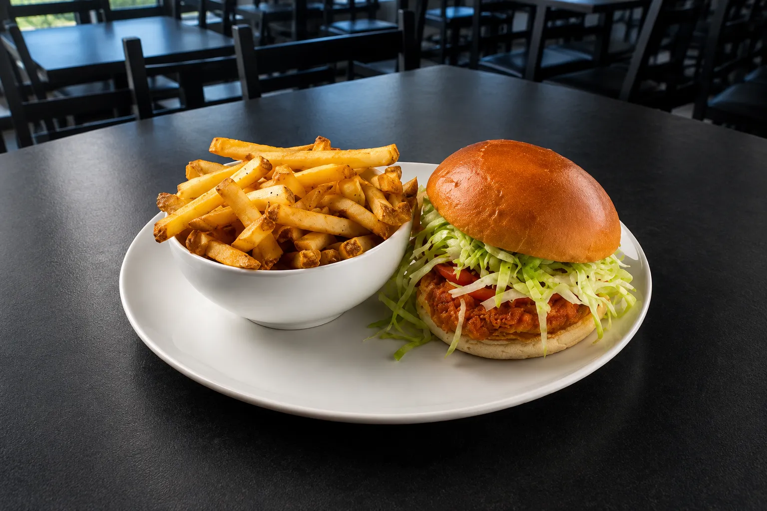 Crispy chicken sandwich and seasoned fries at Calgary Pub & Restaurant, Dover Calgary