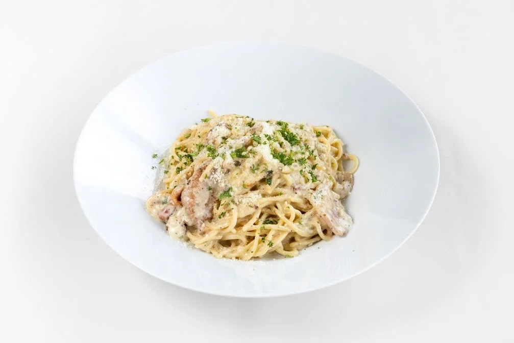 Carbonara pasta with bacon at Calgary Pub & Restaurant in SE Calgary, AB