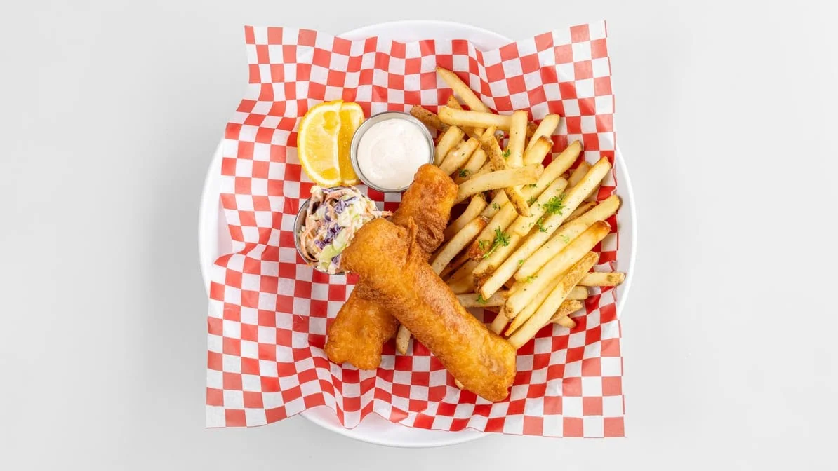 Fish and chips with coleslaw and tartar sauce at Calgary Pub & Restaurant in SE Calgary, AB